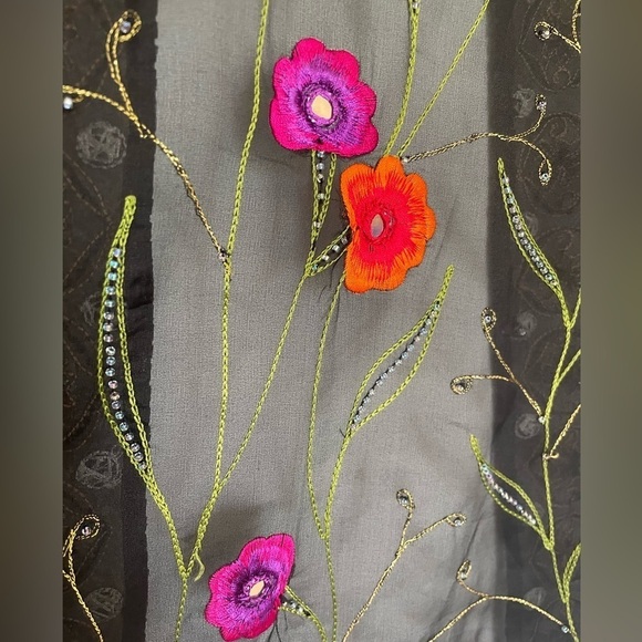 Black Sheer Open Front Long Jacket Blazer Embroidered Beading Stunning Floral M - Picture 7 of 10